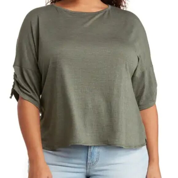 Max Studio Cinched Sleeve Top Size 3X Green Jersey Dropped-Shoulder T-Shirt NWT - Picture 1 of 15